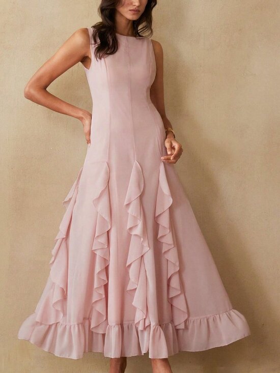 MODA ME COUTURE Dresses & Skirts - Pink Elegant Women's Waist Cinched Vertical Splice Ruffle Hem Slim Fit Dress